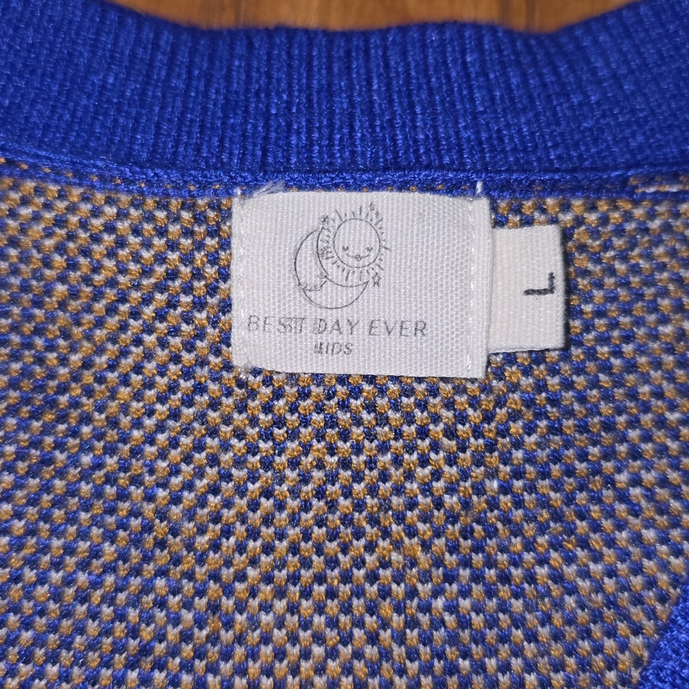 Best Day Ever Blue Geometric Eye Pattern Kid's Sweater Cardigan Size Large - Picture 2 of 5